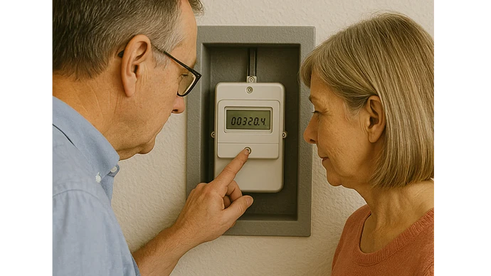 Ehepaar Schneider am Zählerstand ablesen
